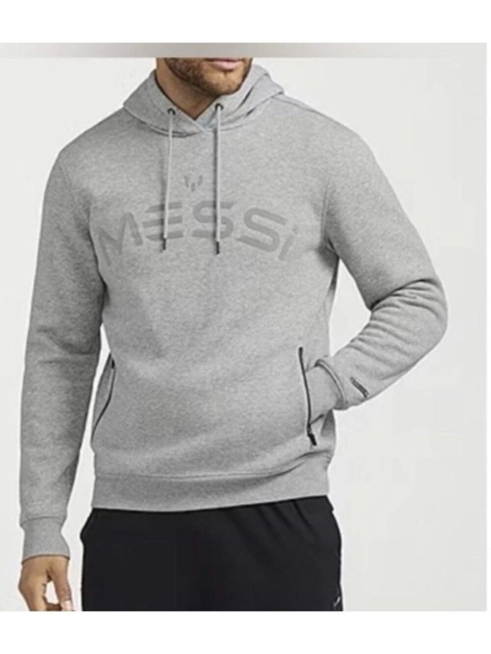 Messi Men's XL Gray Pullover Hoodie Graphic Print Long Sleeve Logo Pocket Hooded